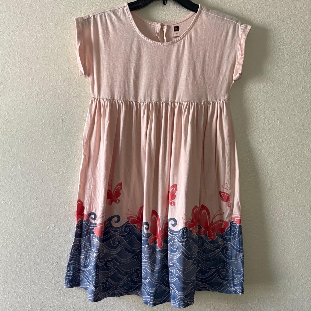 Tea Collection Girls Pink Butterfly Ocean Wave Cotton Jersey Dress Size 12